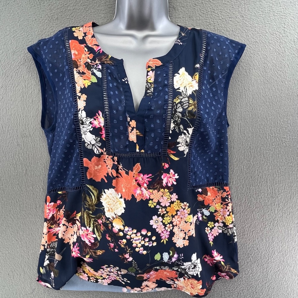 Daniel Rainn Women Blouse Floral Swiss Dot Navy Blue Small Boho D14751PR1